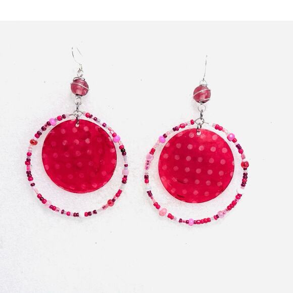 Handmade Glass Beaded Pink Capiz shell accented Mega Hoop Earrings 3 inch - Picture 2 of 4